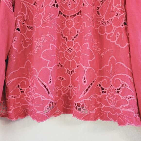 Anthropologie Women The Lainie Longsleeve Lace Cutwork Blouse Pink XL LinenBlend - Picture 11 of 16
